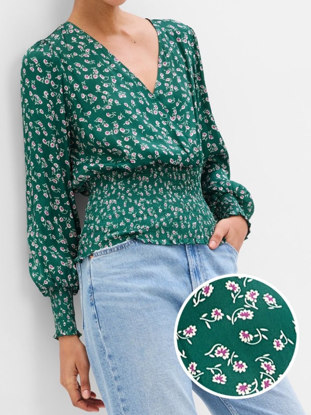 Green Floral Smocked Wrap Top, size XL